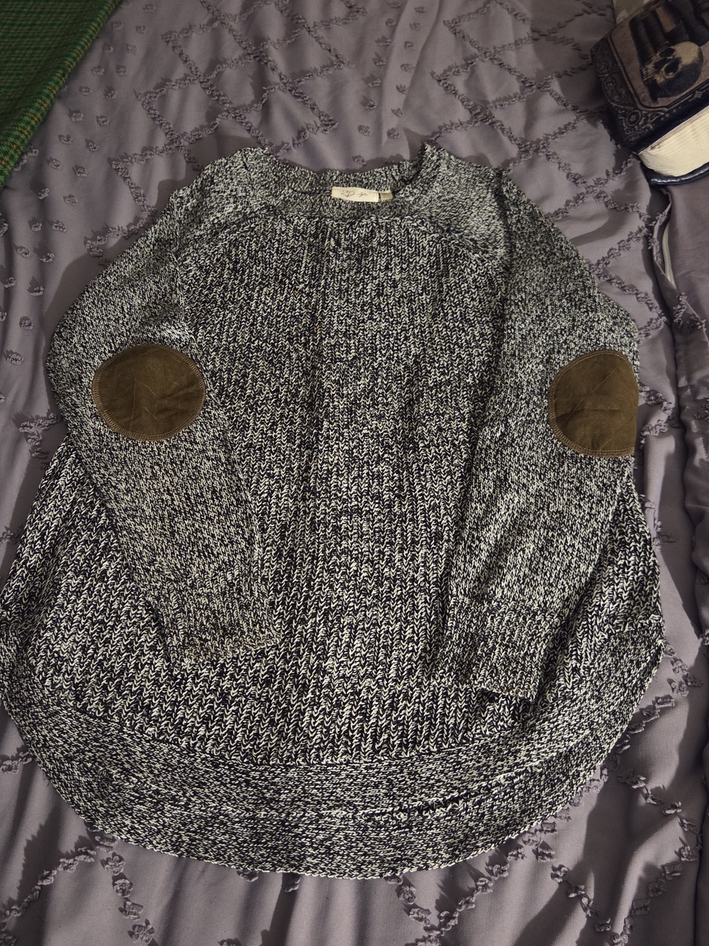 RD Style Black & White Marled Crewneck Sweater with Brown Elbow Patches